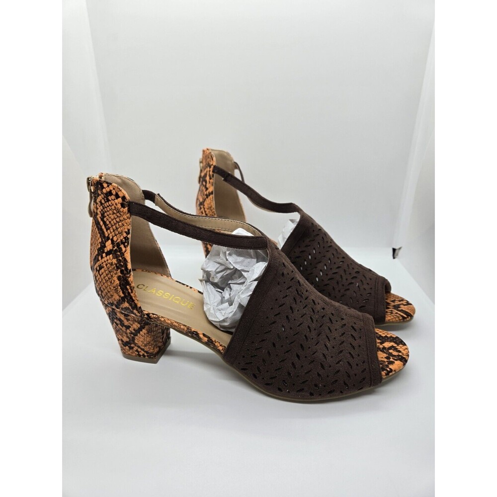 Classique Womens Lenita Sandals Block Heels Shoes Brown Snake Print Zipper 10 M